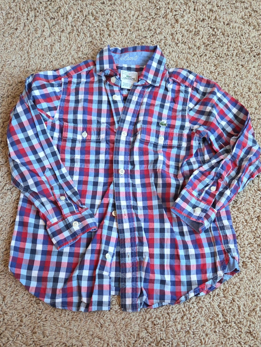 Boys Lacoste Red, Blue & White Plaid Cotton Button-Up Shirt